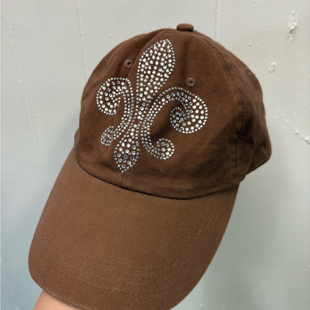 Y2K Brown and silver rhinestone fleur de lis cap